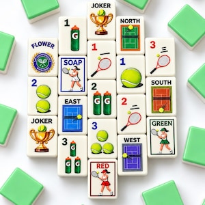 Tennis Themed Mahjong Tile Set, Custom Illustrated Design (152 Tiles)