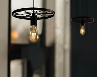 Black Wheel Pendant Light Industrial Lighting Chandelier Rustic Retro Light Fixture E27 for Farmhouse Bar Home Office Porch Shop Guestroom