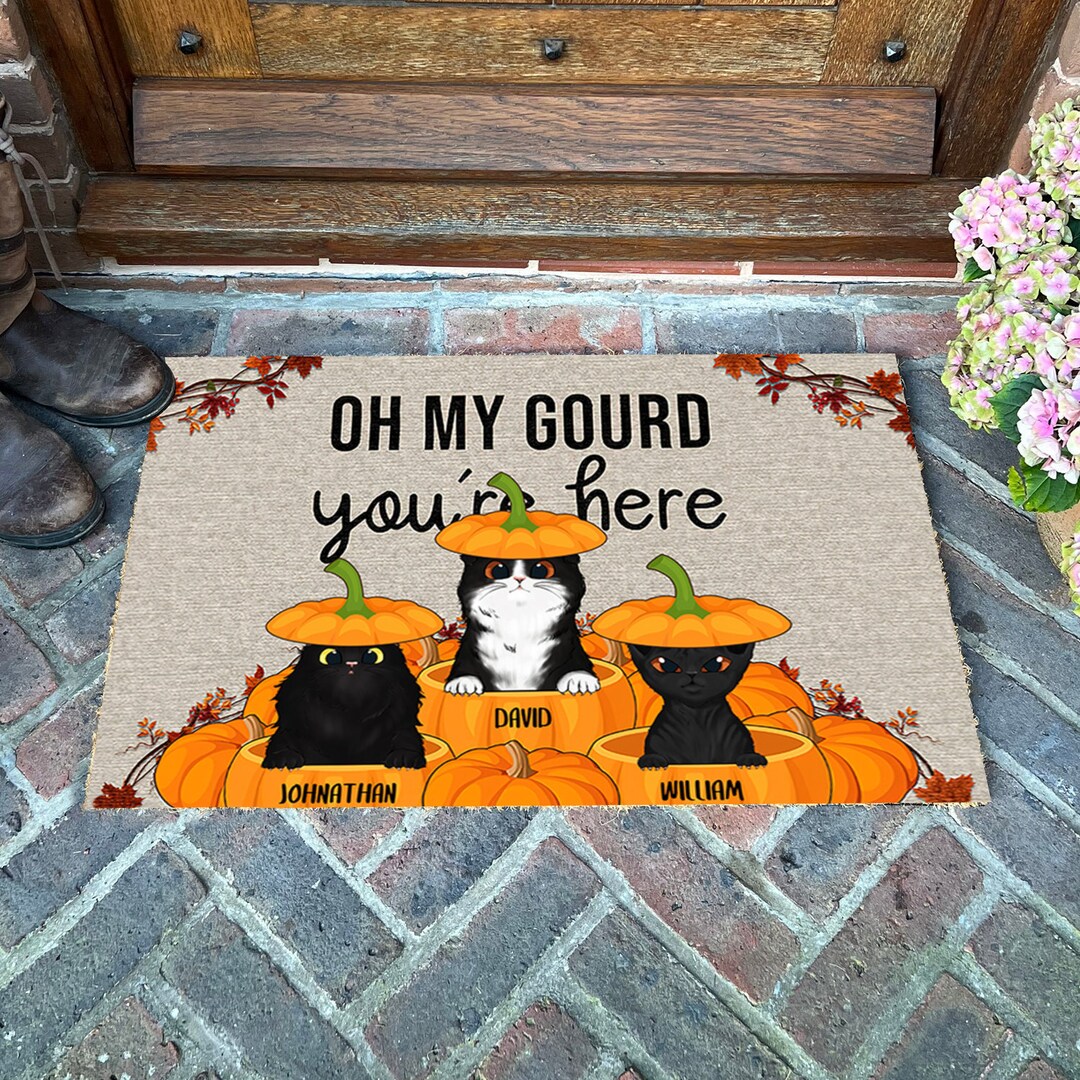 Black Cat Fall Oh My Gourd Custom Doormat Black Cat Halloween Etsy