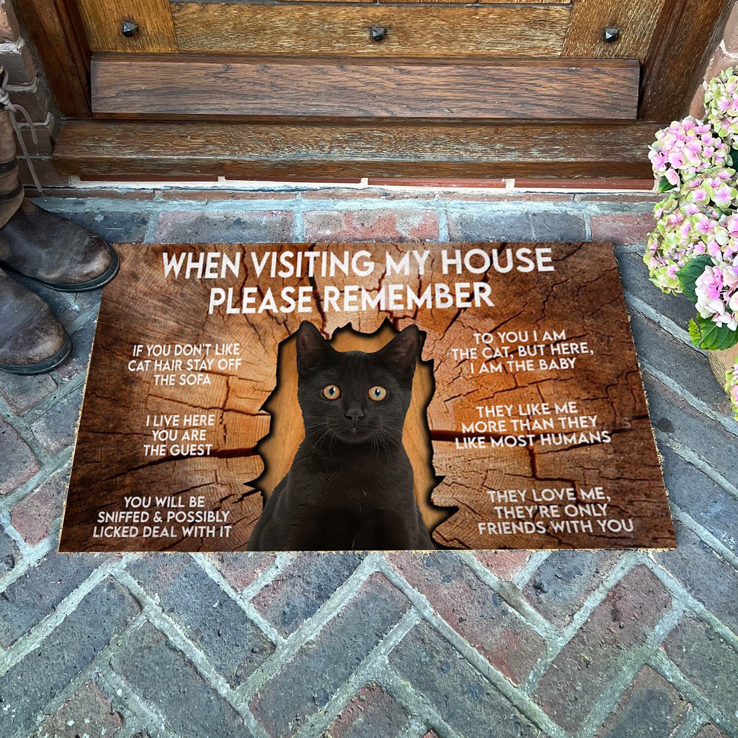 Fußmatte mit Spruch Hier wohnt eine verwöhnte Katze, mit ihrem Personal lustige  Fussmatte innen&außen waschbar Geschenkidee - .de