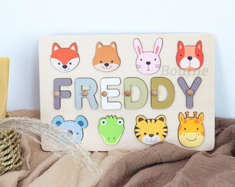 Personalized Baby Name Puzzle with Animals, Handmade Wooden,First Birthday for Boys and Girls, Nursery Decoration,Gifts for Kids,Development