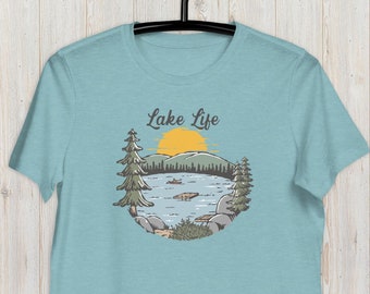 Women’s Relaxed T-Shirt - Lake Life Scene with Swimming Raft & Kayak - In 5 Colors and Sizes S-3X