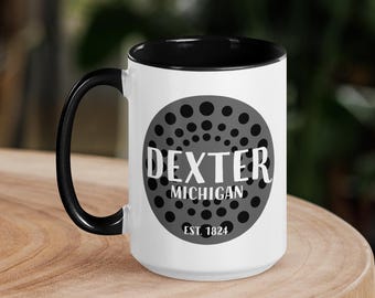 Dexter Michigan Circle Design - White Mug with Black Inside (15 oz)