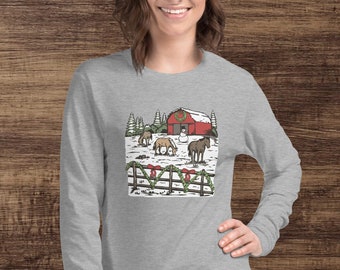 Winter Holiday Horse Farm Design - Unisex Long Sleeve Tee in 4 Colors and Sizes XS-2XL