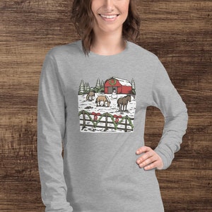 Winter Holiday Horse Farm Design - Unisex Long Sleeve Tee in 4 Colors and Sizes XS-2XL