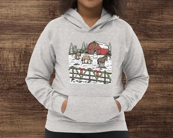 Winter Holiday Horse Farm Design - Kids Hoodie in Heather Grey and Youth Sizes XS-XL