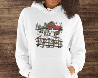 Winter Holiday Horse Farm Design - Unisex Hoodie in 4 Colors and Sizes S-3XL