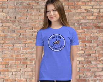 Ride On Michigan - Youth Short Sleeve T-Shirt in Multiple Shirt Colors and Size S-XL