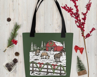 Winter Holiday Horse Farm Design - Tote Bag (Green)