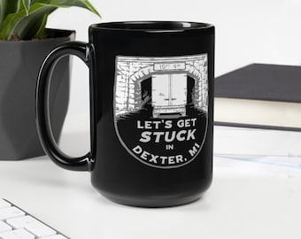 Stuck Under Bridge in Dexter - Black Glossy Ceramic Mug (Dexter, Michigan)