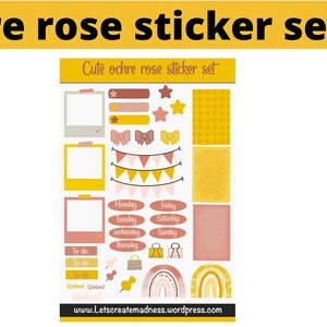 Op de afbeelding: Een set digitale stickers in oker- en rozekleuren. De stickers bevatten frames, banners, sterren, strikken, dagen van de week, boodschappentassen, regenbogen en de tekst "To do" en "Weekend".