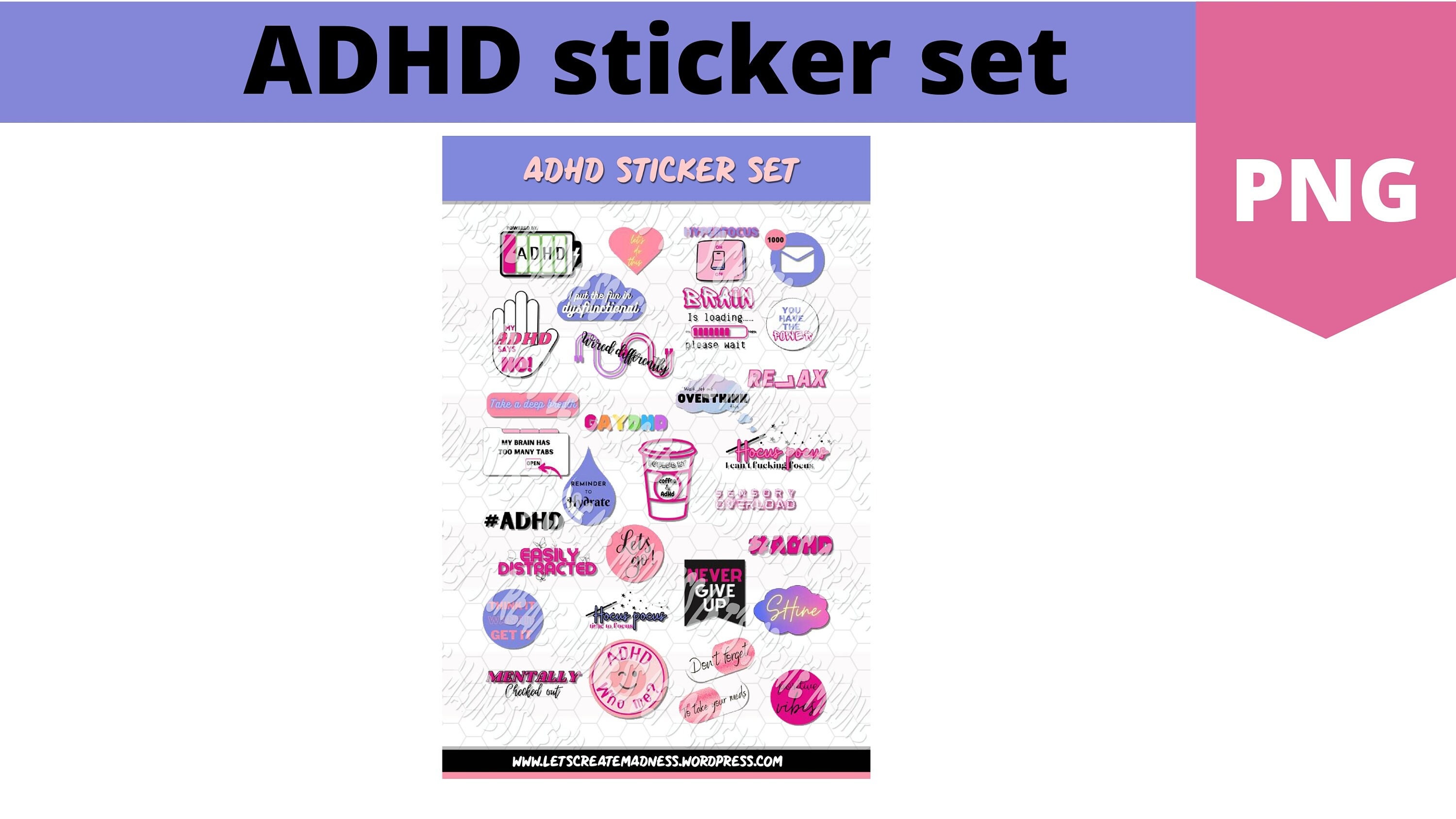Adhd Sticker Set, Adhd Sticker, Digital Clipart, Png, Adhd Community ...