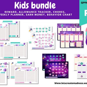 kids bundle reward allowance tracker behavior chart weekly planner chores chart space theme