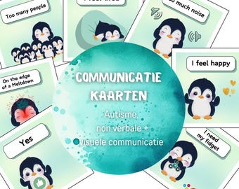 May include: A set of communication cards featuring penguin illustrations and phrases such as "Too many people", "I feel tired", "Too much noise", "On the edge of a meltdown", "Yes", "I feel happy", and "I need my fidget". The cards are designed for use with individuals with autism and feature the text "COMMUNICATIE KAARTEN Autisme, non verbale + visuele communicatie".