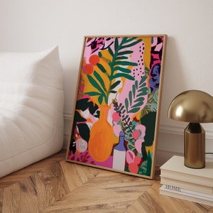 Levendige oranje en roze abstracte kunstposter - uniek schilderij geïnspireerd door Henri Matisse
