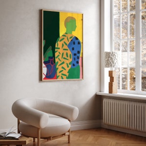 Modernes abstraktes Porträt - von Matisse inspirierte Retro-Wandkunst für zeitgenössisches Schlafzimmerdekor, physischer Druck
