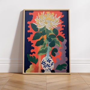 Abstrakcyjny wydruk artystyczny w stylu retro - obraz przedstawiający biały kwiat inspirowany twórczością Henriego Matisse'a