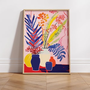 ボヘミアンスタイルの花のイラストポスター - 抽象的な自然の壁アート、植物愛好家へのマティス風ギフト