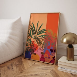 Retro Home Decor - Tropische bloemen abstracte poster, oranje muurkunst geïnspireerd door Henri Matisse