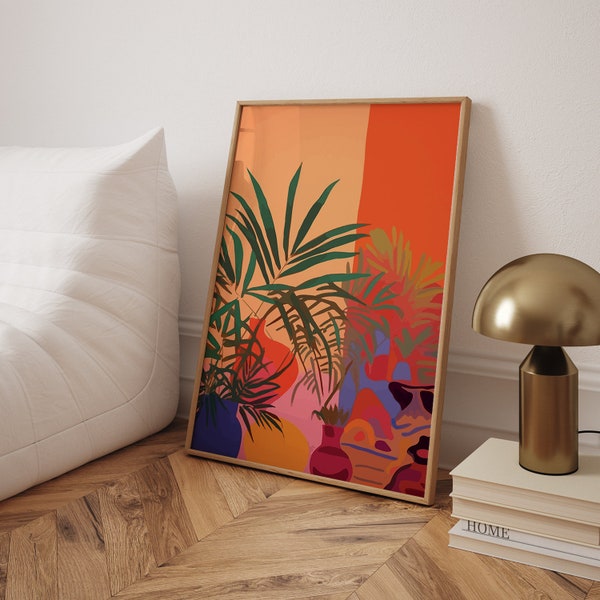 Retro Home Decor - Tropical Flowers Abstract Poster, Orange Wall Art Inspired by Henri Matisse