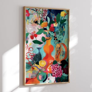オレンジとティール、花の抽象アートプリント - アンリ・マティスにインスピレーションを受けた現代絵画