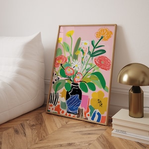Blumen in Vase Abstrakte Malerei - Impressionismus Kunstdruck Inspiriert von Henri Matisse