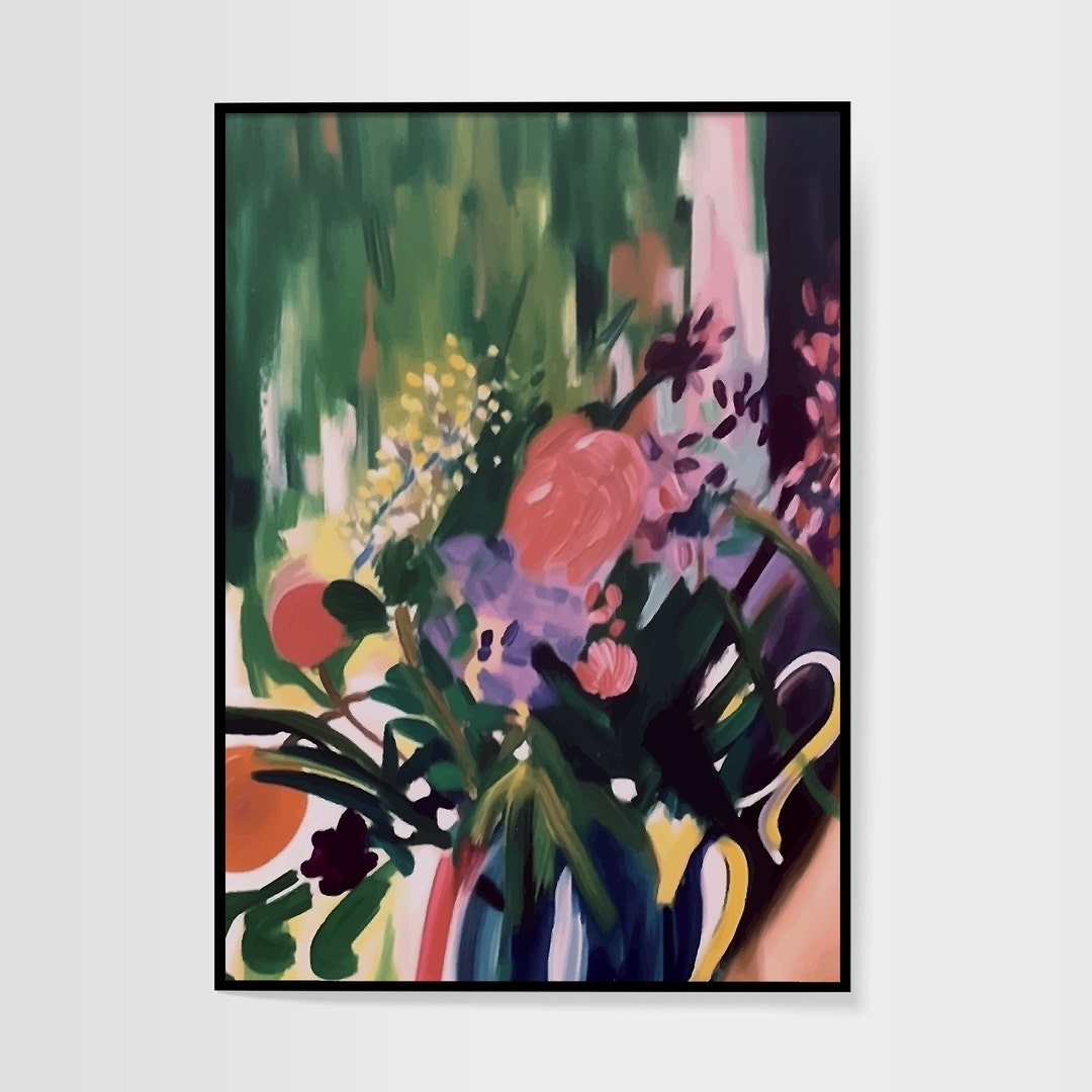 Matisse Inspired Floral Art Print: Abstract Navy Blue & Pink (digital ...