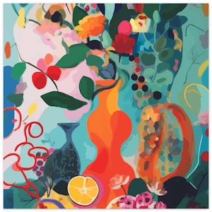 Orange and Teal, Floral Abstract Art Print - Contemporary Painting Inspired by Henri Matisse