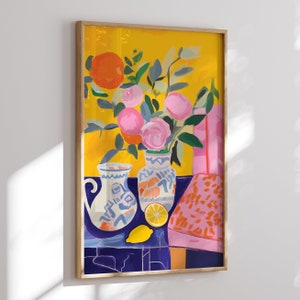 Kitsch Kitchen Blumenkunst - Rosa Rosen in einer Vase Gemälde Inspiriert von Henri Matisse