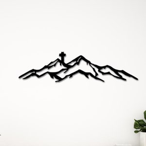 Grande decorazione da parete in metallo raffigurante una silhouette di montagna, decorazione per la casa, decorazione da parete in metallo raffigurante una collina, regalo religioso, arte da parete cristiana, cartello da parete con croce, Gesù