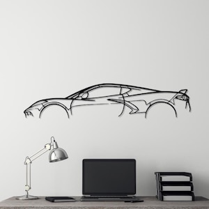 Art mural de voiture en métal silhouette C8, décoration murale de garage de voiture Corvette, enseigne automobile, cadeau pour lui, décoration de voiture, cadeau personnalisé