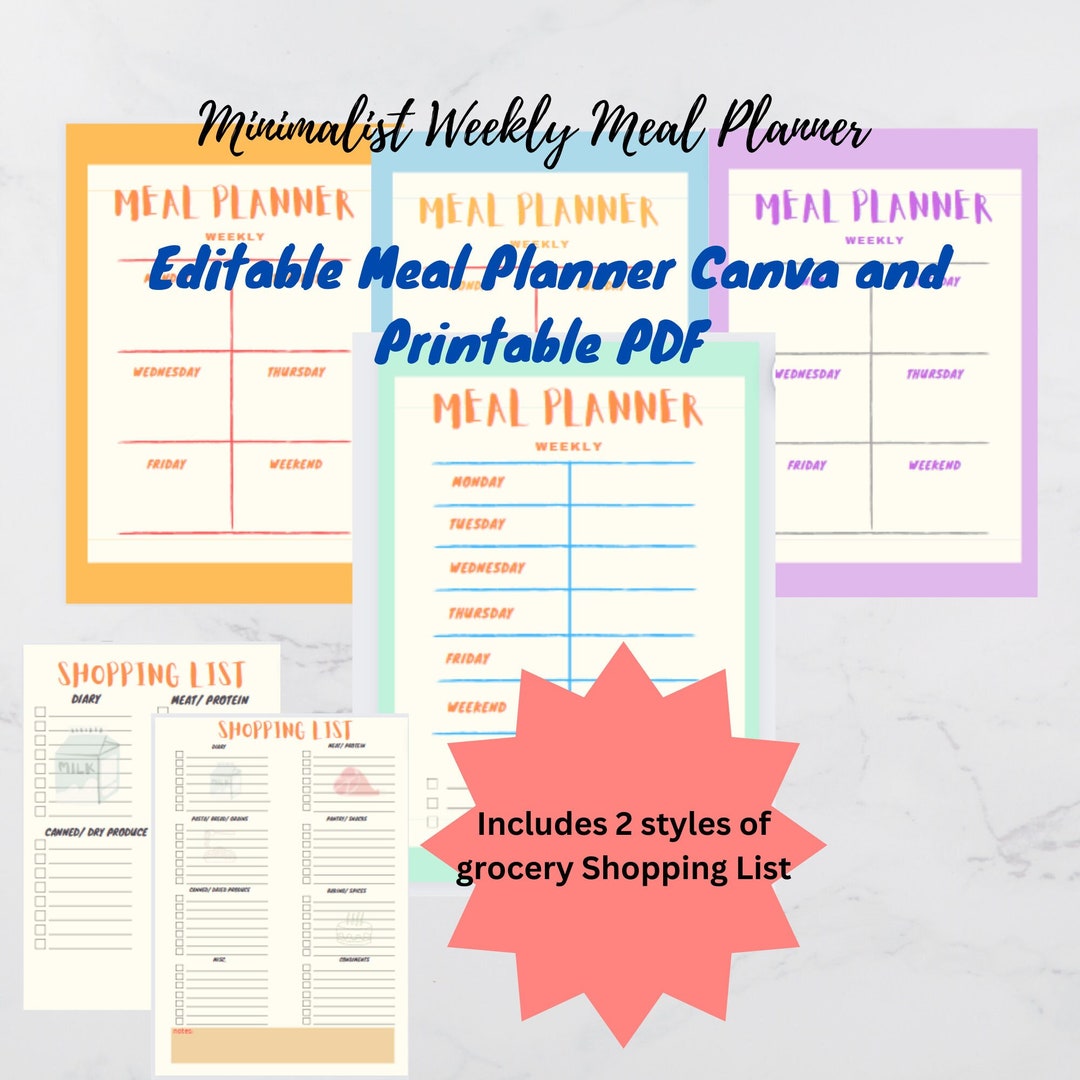 Minimalist Editable and Printable Digital Weekly Meal Planner - Etsy