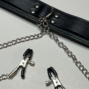 Leather Choker Necklace with Silver Chain Nipple Clamps