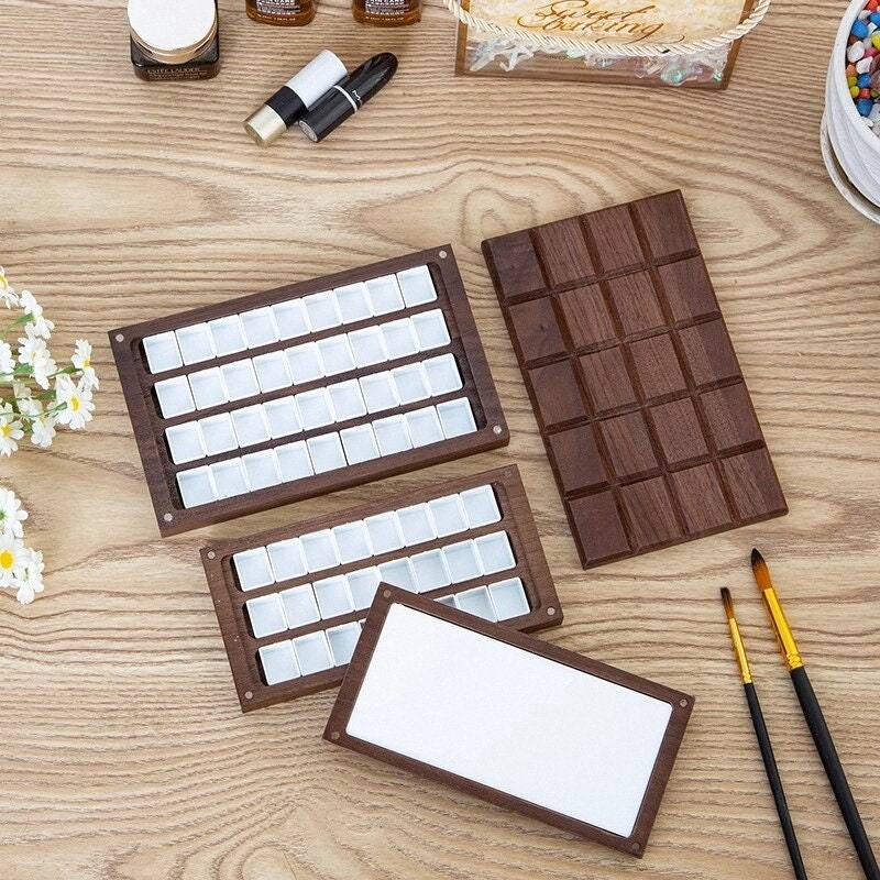 Walnut Wood Chocolate Bar Empty Watercolor Wooden Box Palette Case - Big