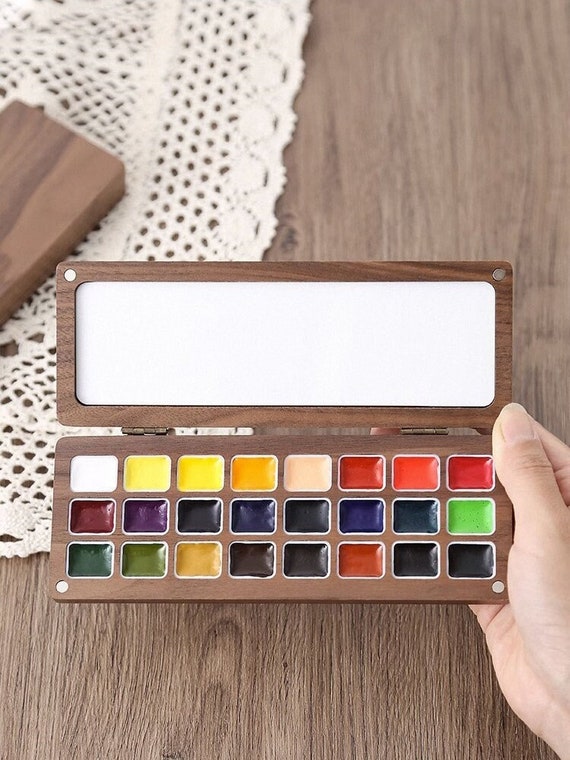 Walnut Paint Box,watercolor Tiny Palette, Natsume Handmade,wooden Portable  Moisturizing Pigment Box With 24 Compartments 