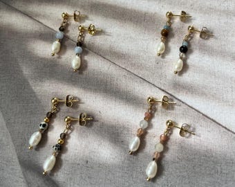Dangle pearl earrings with 24K gold-plated stainless steel posts
