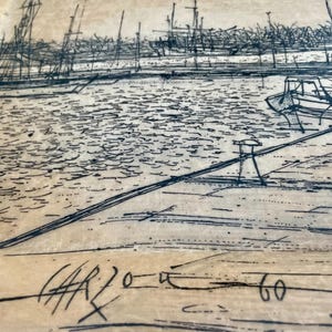 May include: Black and white ink drawing of a harbor scene with boats and a signature in the bottom left corner that reads "CARZOUE 60".