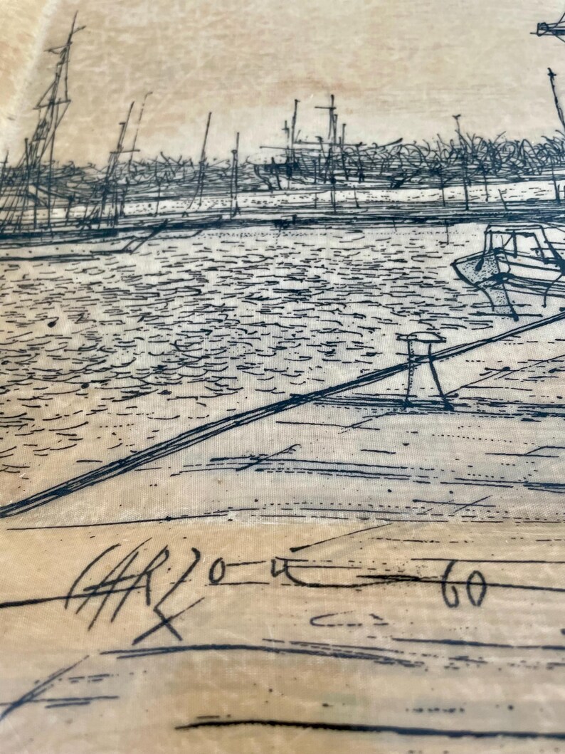 May include: Black and white ink drawing of a harbor scene with boats and a signature in the bottom left corner that reads "CARZOUE 60".