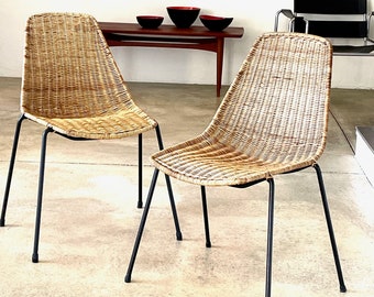 GIAN FRANCO LEGLER, paire de chaises en osier panier, Italie années 1950/60