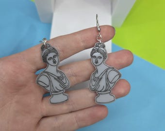 Grey Acrylic Greek Bust Earrings – Classical Sculpture Statement  Lightweight Myth-Inspired Jewelry