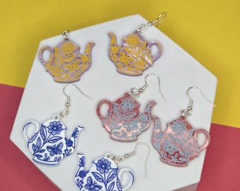 Whimsical Teapot Earrings: Tea Time Accessories Colorful Handmade Jewelry