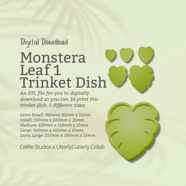 Monstera 1 Trinket Dish STL File - Digital Download -5 Sizes- Homeware, Boho Modern Design