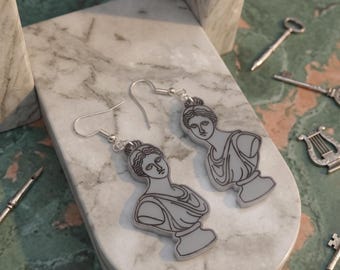 Grey Acrylic Greek Bust Earrings – Classical Sculpture Statement  Lightweight Myth-Inspired Jewelry