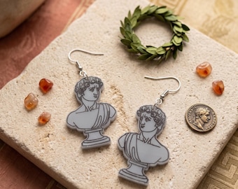 Grey Acrylic Greek Bust Earrings – Classical Sculpture Statement  Lightweight Myth-Inspired Jewelry