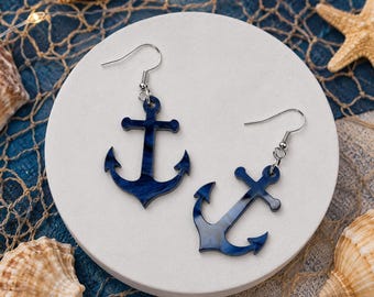 Blue Anchor Earrings – Acrylic Nautical Jewelry, Sailor Pin-Up Style, Retro Maritime Gift 50s