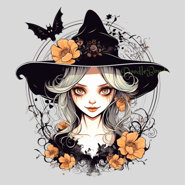 Enchanting Witchy Girls: 24 Transparent backround PNG Clip Art, Magical Characters, Print on Demand (POD) Halloween Witch