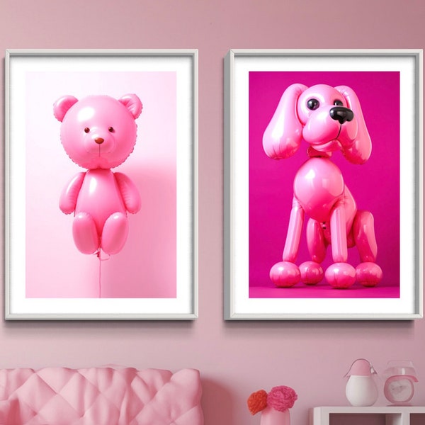 3 Bundle Pink Animal Printable Wall Art, Preppy Pink Balloon Bedroom Teen Decor, Baby Room, Trendy Poster Art, Instant Digital Download