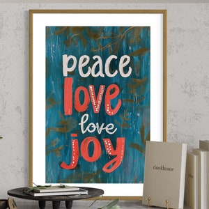 Impressão inspiradora de paz, amor e alegria, pôster de tipografia moderna, citação inspiradora, arte de parede para impressão, decoração de sala de escritório, download digital