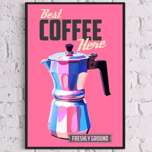Arte mural de café moka y espresso, póster retro preppy rosa con carrito de café, arte digital rosa ecléctico imprimible de moda, descarga digital instantánea
