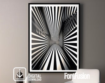 3D Geometric Optical Illusion Art: Black and White Minimalist Print (Digital Download)